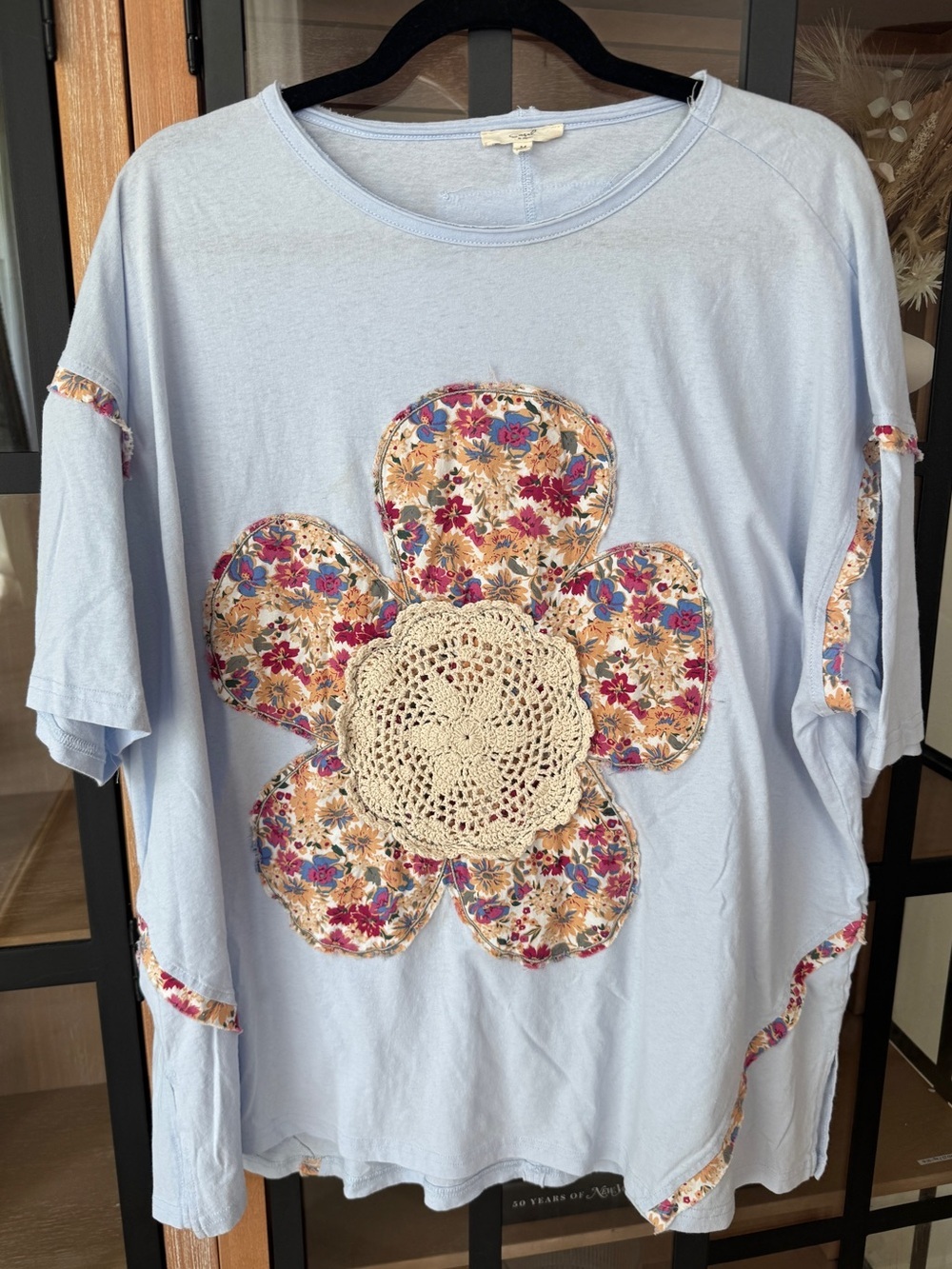 Easel Flower Patchwork Mineral crochet Top tee oversized boho embroidered cotton